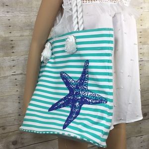 Punctuate Green Stripe Beach tote with Starfish